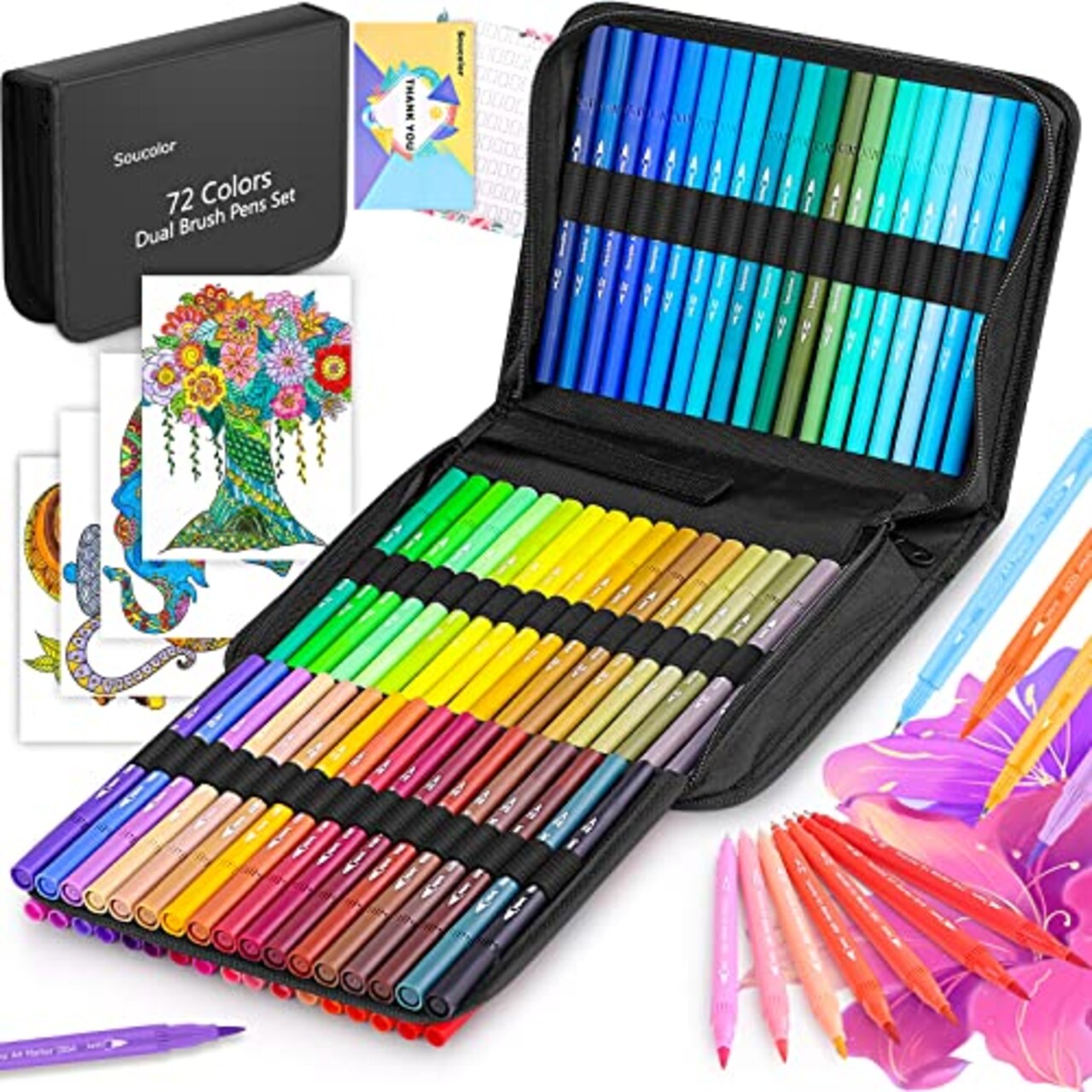 Coloring Markers Pens Set for Adult Coloring Book, Soucolor 72 Colors Dual  Tip Art Markers (Fineliner&Brush, Numbered Penholder) with Case for Adults  Kids Artist Drawing Journaling Sketching Lettering